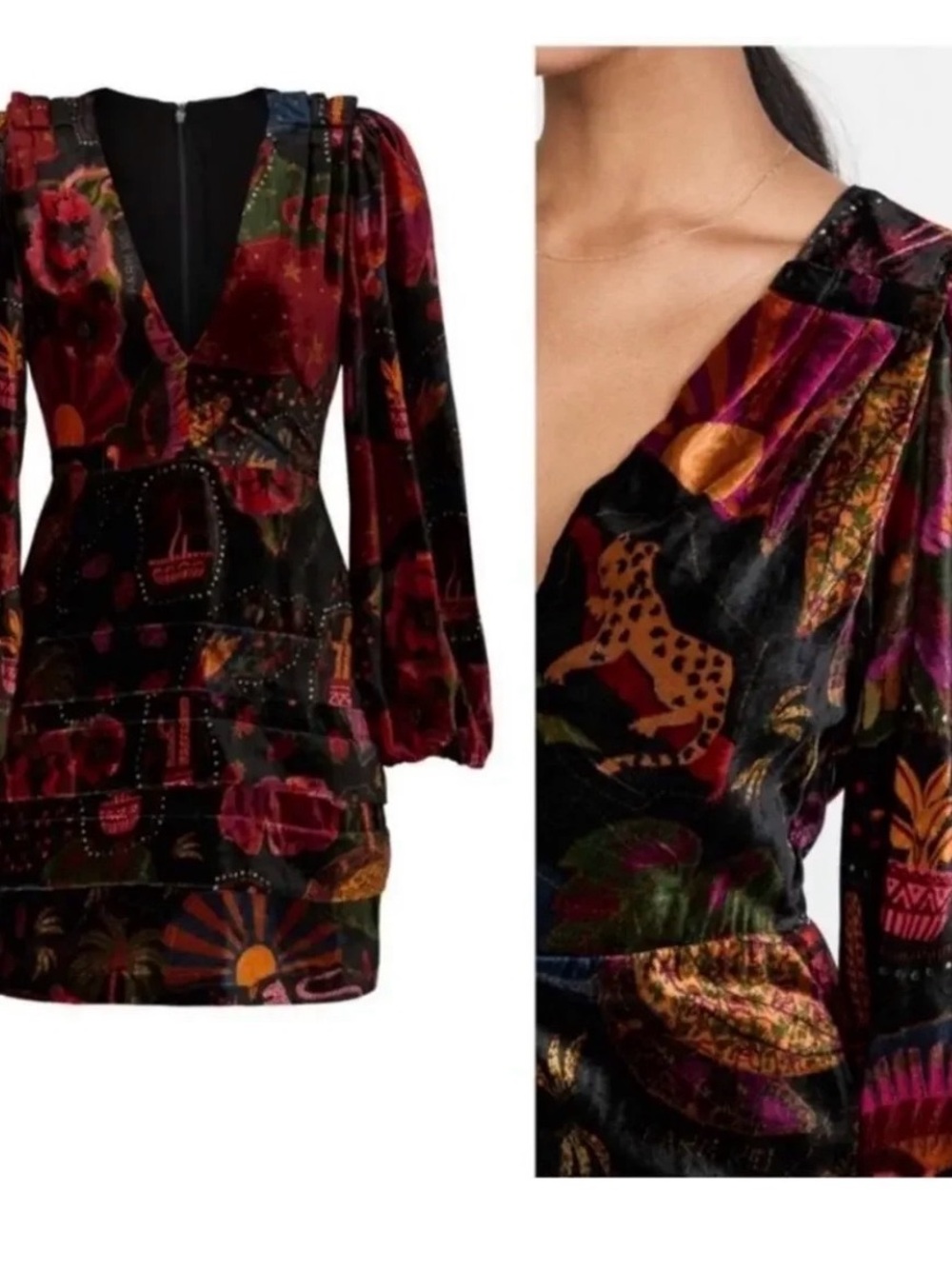 Farm Rio Crazy Mix Plunge Neck Long Sleeve Velveteen Mini Dress Size S - Picture 6 of 7